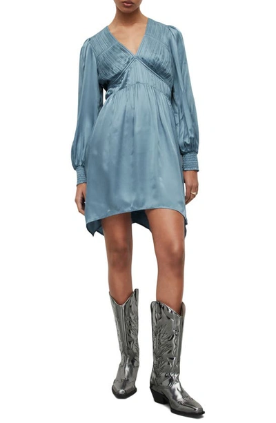 Allsaints Esta Long Sleeve Asymmetric Hem Dress In Blue Slate