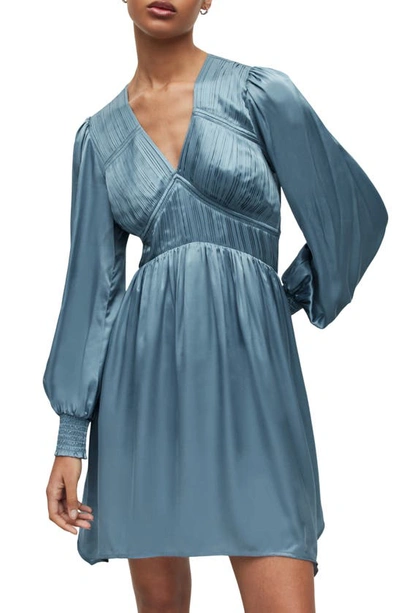 Shop Allsaints Esta Long Sleeve Asymmetric Hem Dress In Blue Slate