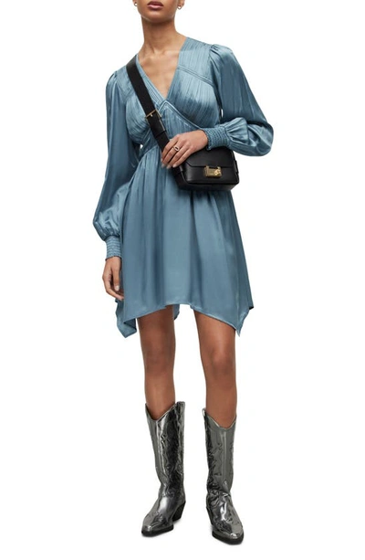 Shop Allsaints Esta Long Sleeve Asymmetric Hem Dress In Blue Slate