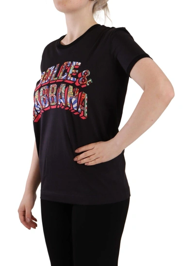 Shop Dolce & Gabbana Black Logo Print Cotton Crew Neck Tee Women's T-shirt