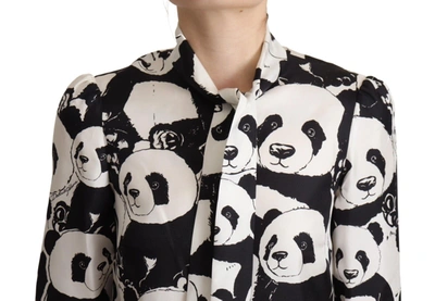 Shop Dolce & Gabbana Black White Panda Print Silk Ascot Collar Women's Top In Black/white