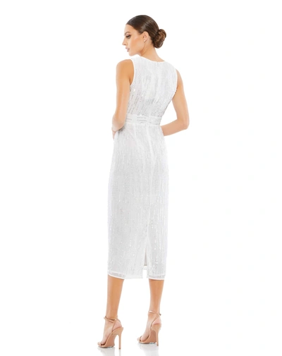 Shop Mac Duggal Abstract Beaded Sleeveless Midi Sheath Dress In White