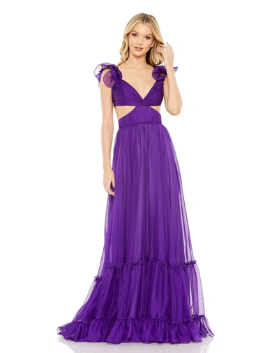 Shop Mac Duggal Ruched Ruffled Shoulder Cut Out Lace Up Gown In Purple
