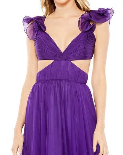 Shop Mac Duggal Ruched Ruffled Shoulder Cut Out Lace Up Gown In Purple