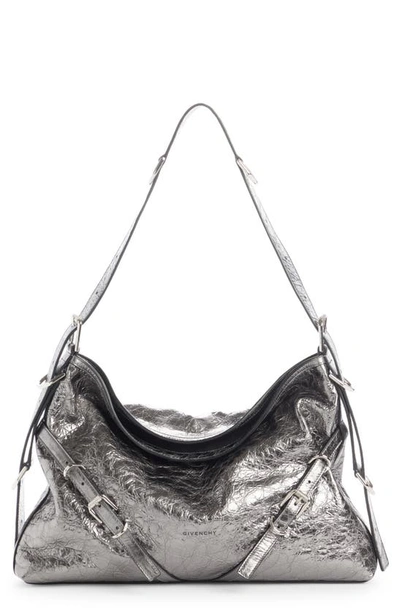 Shop Givenchy Medium Voyou Metallic Leather Hobo In Silvery Grey