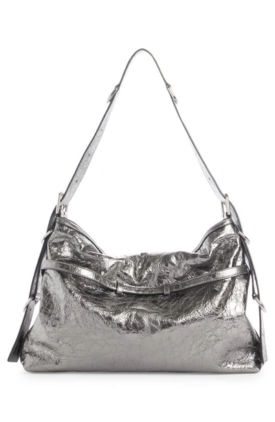 Shop Givenchy Medium Voyou Metallic Leather Hobo In Silvery Grey