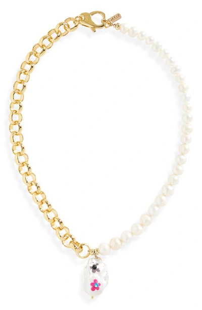 Shop Martha Calvo Blossom Baroque Pearl & Chain Pendant Necklace In Gold