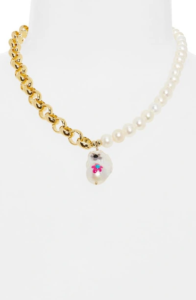 Shop Martha Calvo Blossom Baroque Pearl & Chain Pendant Necklace In Gold
