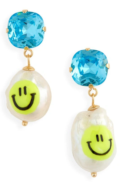 Shop Martha Calvo Be Happy Crystal & Baroque Pearl Drop Earrings In Blue