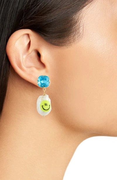 Shop Martha Calvo Be Happy Crystal & Baroque Pearl Drop Earrings In Blue