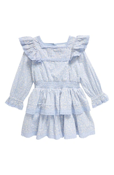 Shop Mini Boden Kids' Floral Print Tiered Ruffle Long Sleeve Dress In Brunnera Blue Orchard