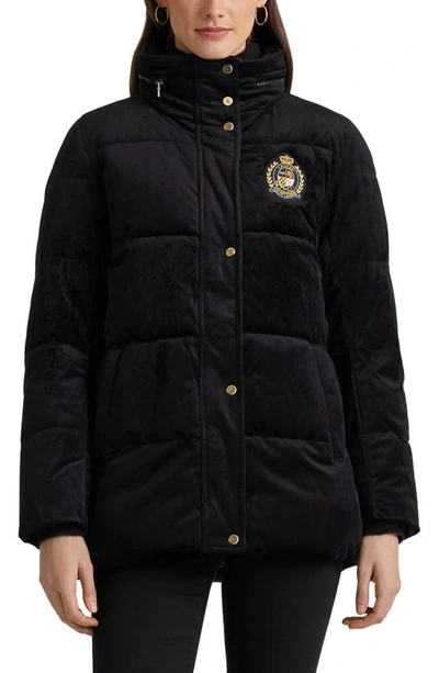 Shop Lauren Ralph Lauren Crest Detail Velvet Puffer Coat In Black