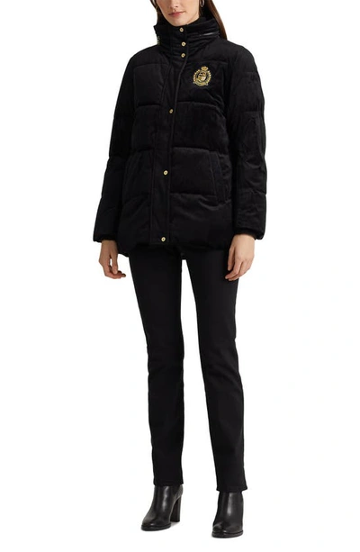 Shop Lauren Ralph Lauren Crest Detail Velvet Puffer Coat In Black