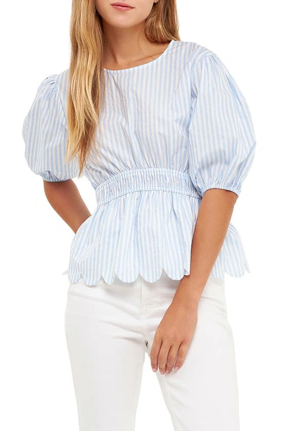 English Factory Stripe Puff Sleeve Peplum Top In Blue Stripes