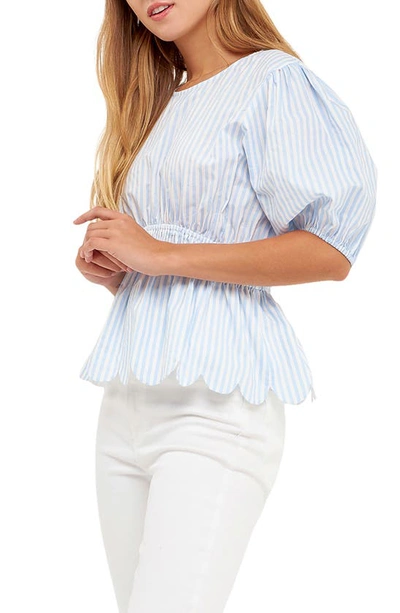 English Factory Stripe Puff Sleeve Peplum Top In Blue Stripes