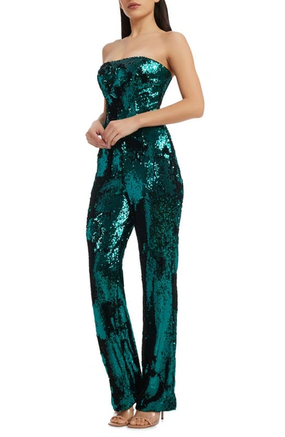 Dress The Population Andy Sequin Strapless Jumpsuit In Deep Emerald