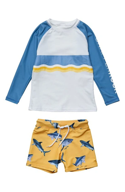 Shop Snapper Rock Sunrise Shark Long Sleeve Rashguard & Swim Trunks Set In Yellow