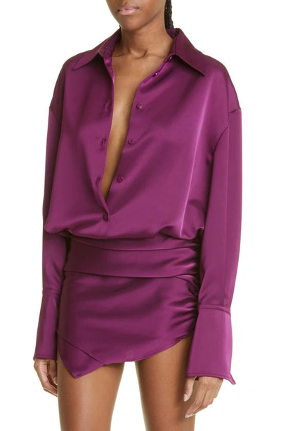 Shop Attico Hatty Asymmetric Hem Satin Mini Shirtdress In Burgundy