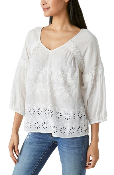 Lucky Brand Embroidered Eyelet Peasant Top In Whisper White