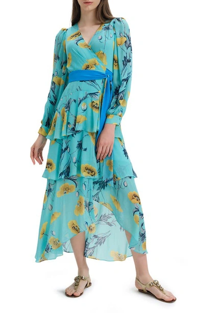 Shop Diane Von Furstenberg Silvia Floral Long Sleeve Wrap Midi Dress In Poppy Godes Turquoise