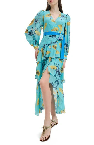 Shop Diane Von Furstenberg Silvia Floral Long Sleeve Wrap Midi Dress In Poppy Godes Turquoise