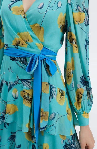 Shop Diane Von Furstenberg Silvia Floral Long Sleeve Wrap Midi Dress In Poppy Godes Turquoise