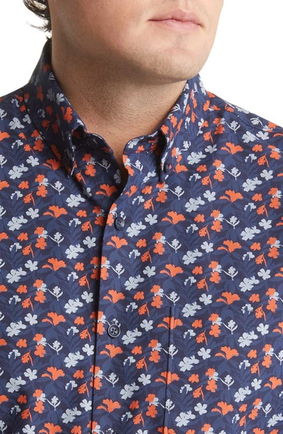 Nordstrom Tech-smart Trim Fit Floral Short Sleeve Button-down Shirt In Navy- Orange Foliage