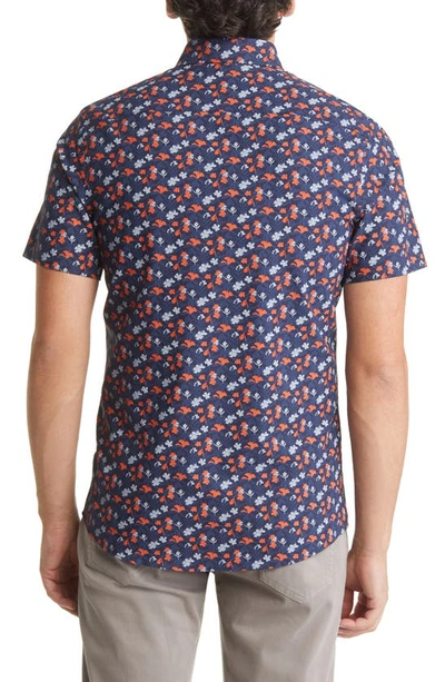 Nordstrom Tech-smart Trim Fit Floral Short Sleeve Button-down Shirt In Navy- Orange Foliage