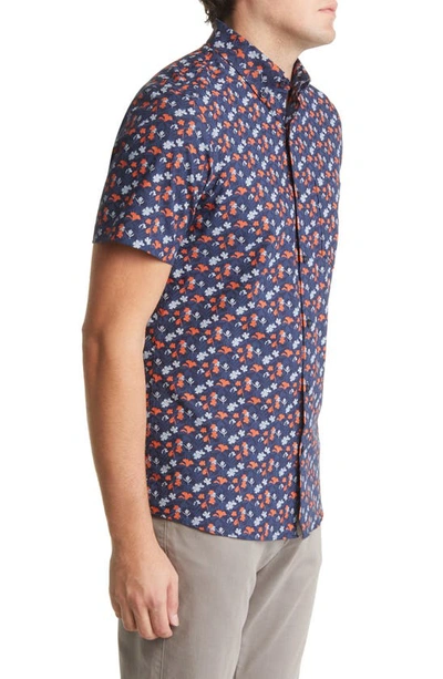Nordstrom Tech-smart Trim Fit Floral Short Sleeve Button-down Shirt In Navy- Orange Foliage
