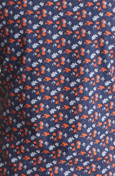 Nordstrom Tech-smart Trim Fit Floral Short Sleeve Button-down Shirt In Navy- Orange Foliage