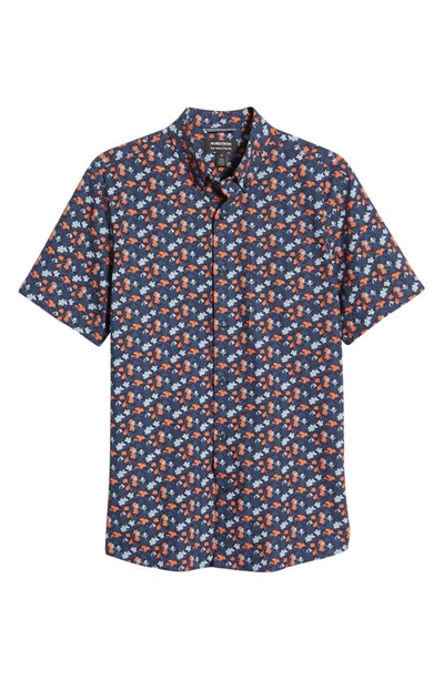 Nordstrom Tech-smart Trim Fit Floral Short Sleeve Button-down Shirt In Navy- Orange Foliage