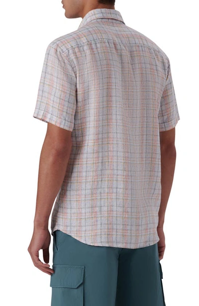 Bugatchi Shaped Fit Plaid Linen Short Sleeve Button-up Shirt In White
