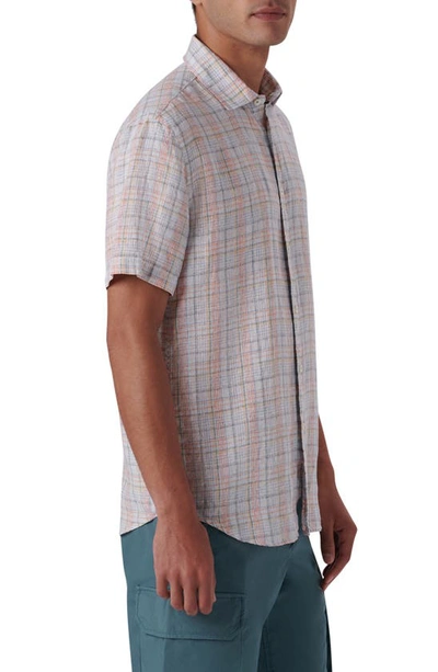 Bugatchi Shaped Fit Plaid Linen Short Sleeve Button-up Shirt In White