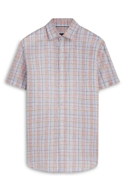 Bugatchi Shaped Fit Plaid Linen Short Sleeve Button-up Shirt In White