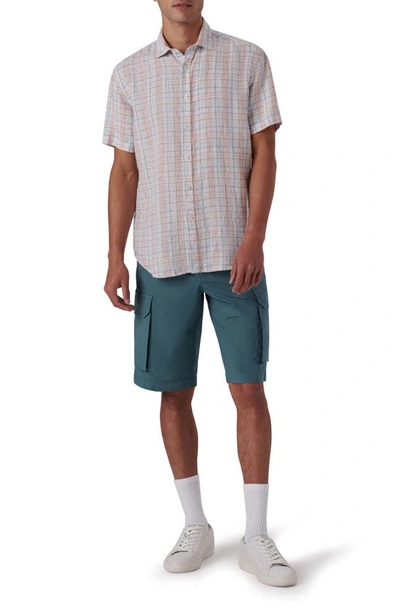 Bugatchi Shaped Fit Plaid Linen Short Sleeve Button-up Shirt In White