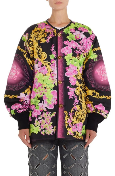 Shop Versace Techno Orchid Print Reversible Quilted Jacket In Black/ Multicolor