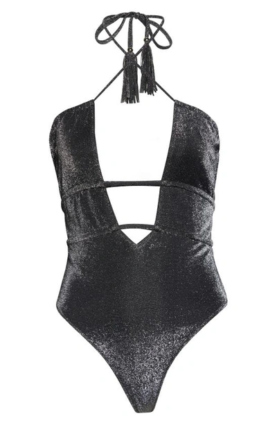 Shop Ramy Brook Marta Metallic Strapless One-piece Swimsuit In Black - Sparkle Metallic Swim