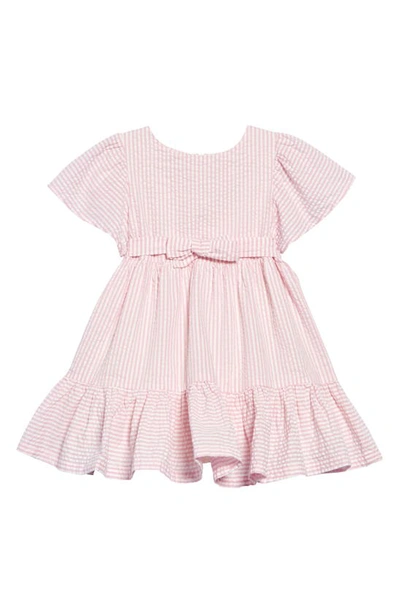 Shop Mini Boden Kids' Stripe Cotton Seersucker Fit & Flare Dress In Lilac Pink/ Ivory