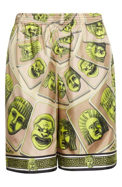 Versace Masks Knee Length Graphic Print Shorts In Acid Green/ Moonstruck