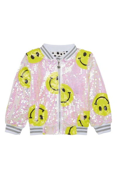 Shop Lola & The Boys Kids' Don't Worry Be Happy Sequin Bomber Jacket In White
