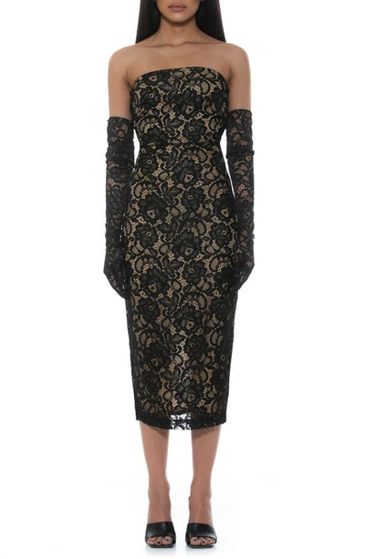 Shop Alexia Admor Zelle Strapless Lace Midi Sheath Dress In Black/ Beige