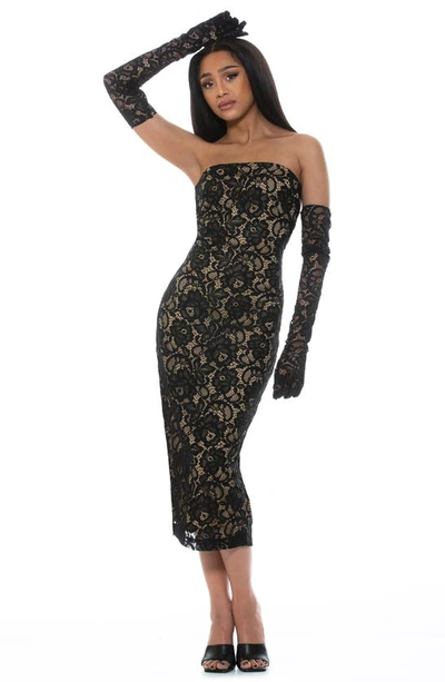 Shop Alexia Admor Zelle Strapless Lace Midi Sheath Dress In Black/ Beige