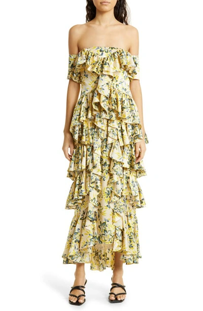 Shop Cinq À Sept Eleonora Floral Ruffle Off The Shoulder Dress In Pomelo Multi