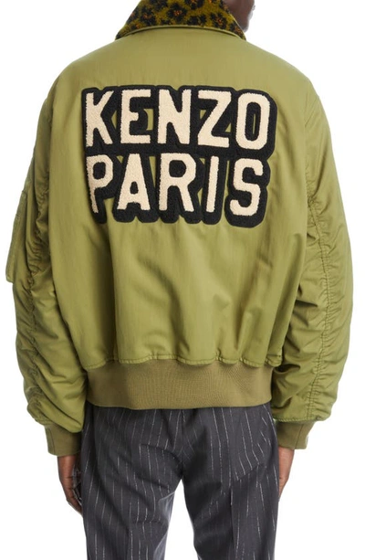 Shop Kenzo Hana Patches Nylon Bomber Jacket With Faux Fur Collar In 50 - Khaki