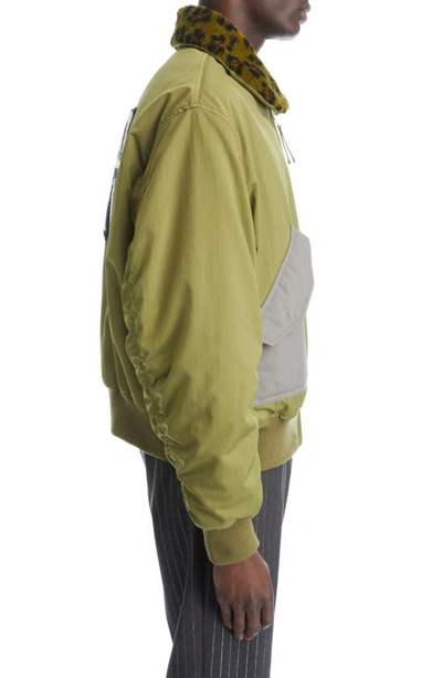 Shop Kenzo Hana Patches Nylon Bomber Jacket With Faux Fur Collar In 50 - Khaki