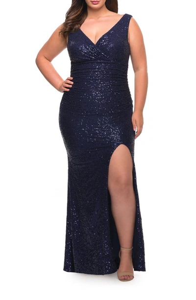 Shop La Femme Ruched Stretch Sequin Gown In Navy