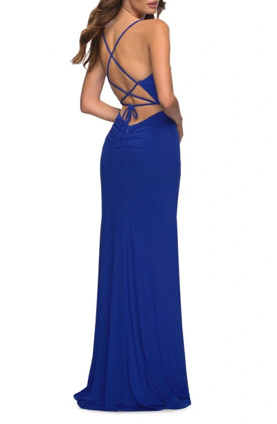 Shop La Femme Lace-up Back Ruched Jersey Gown In Royal Blue