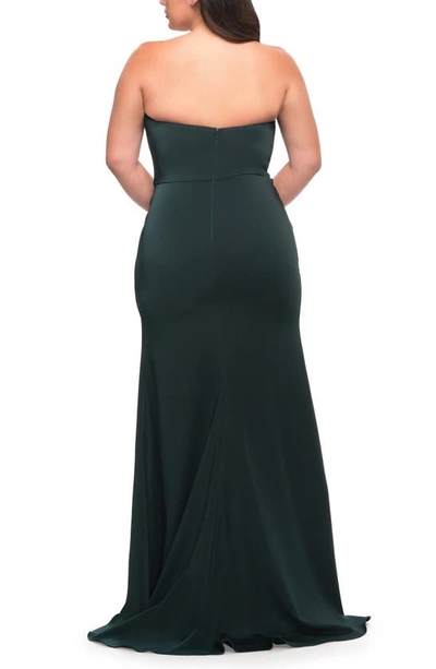 Shop La Femme Strapless Sweetheart Ruffle Gown In Dark Emerald