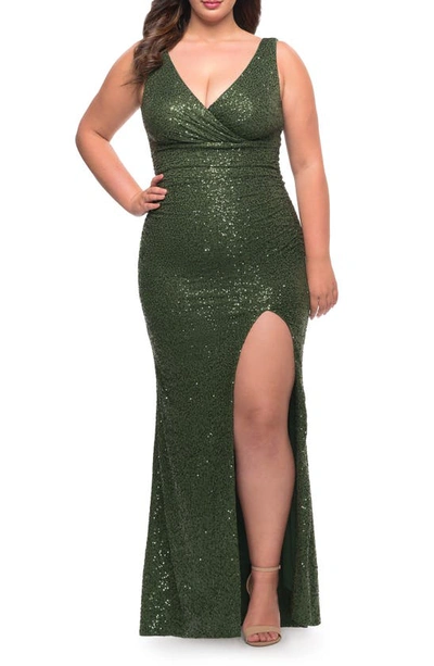 Shop La Femme Ruched Stretch Sequin Gown In Emerald