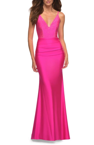 Shop La Femme Tie Back Sequin Trumpet Gown In Neon Pink